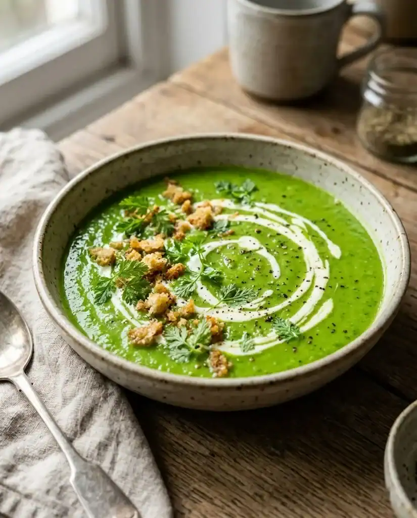 Vivid green pea and chervil soup in a ceramic bowl with a cream swirl, whole chervil leaves, crisp breadcrumbs, and black pepper