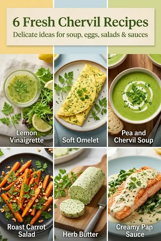 Pinterest graphic reading 6 Fresh Chervil Recipes, delicate ideas for soup, eggs, salads and sauces, over a six-panel collage of vinaigrette, omelet, pea soup, roast carrot salad, herb butter and a creamy pan sauce