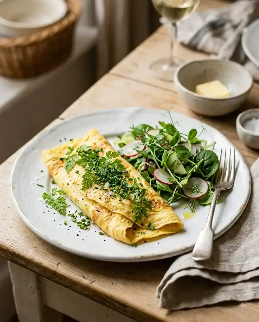A folded soft omelet scattered with finely chopped chervil and chive, served with a small spring salad