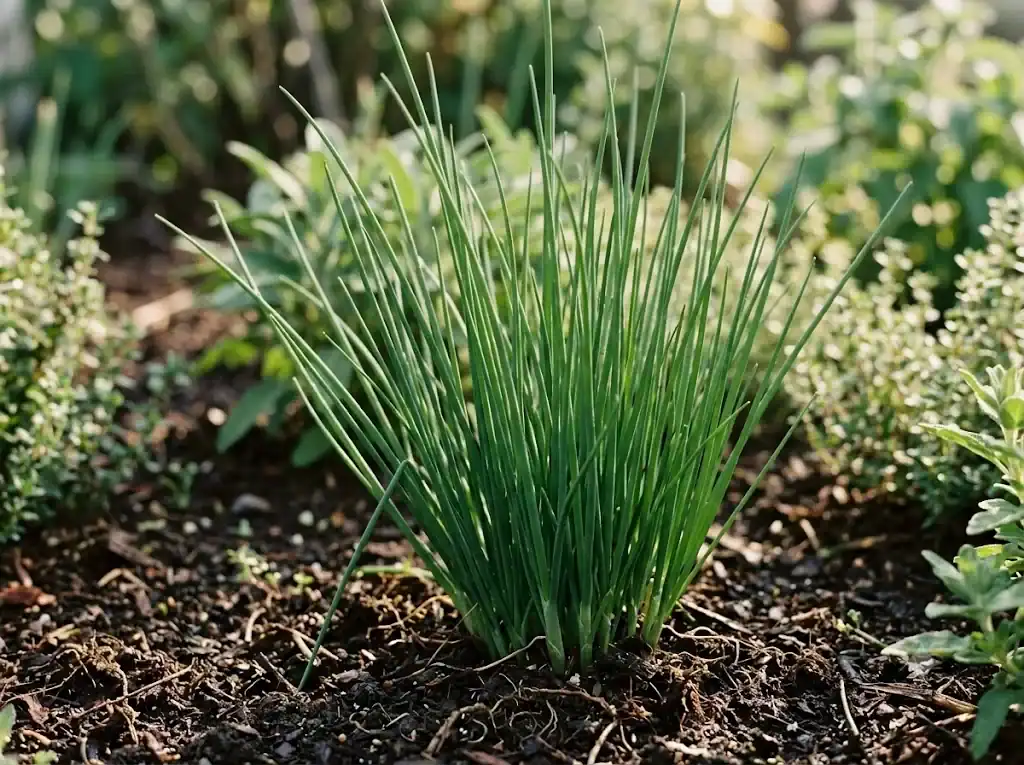 A healthy clump of chives about six inches tall with firm, deep green, upright hollow leaves