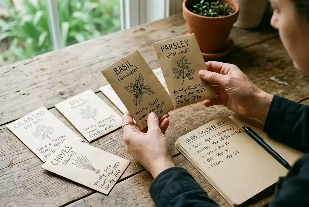 Hands comparing basil and parsley seed packets beside cilantro, dill, and chives packets and a notebook of sowing dates