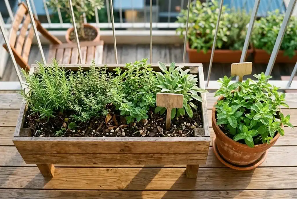 Compatible leafy herbs sharing a sunny planter beside a separate pot of mint
