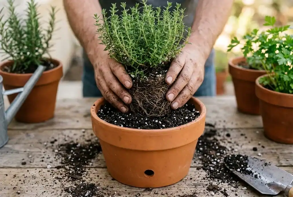 A culinary herb being planted in a terracotta pot with loose potting mix and a visible drainage hole