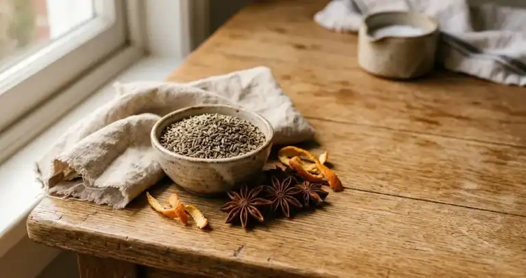 Whole anise seeds with star anise pods, orange peel, and a linen napkin on a wooden kitchen table