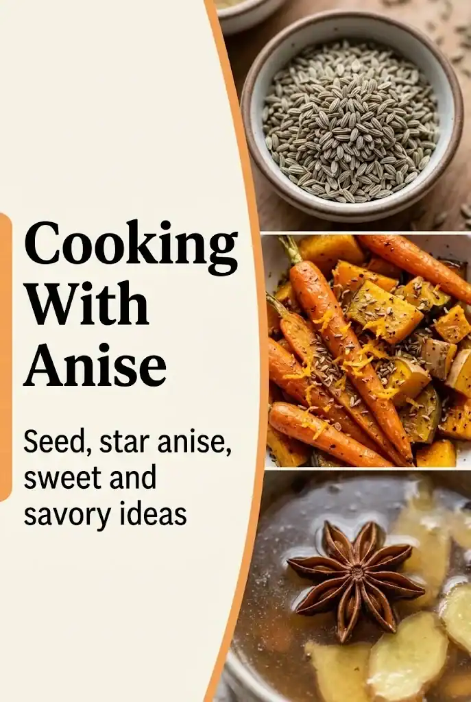 Pinterest graphic showing anise seeds, roasted vegetables, and star anise broth with cooking guidance