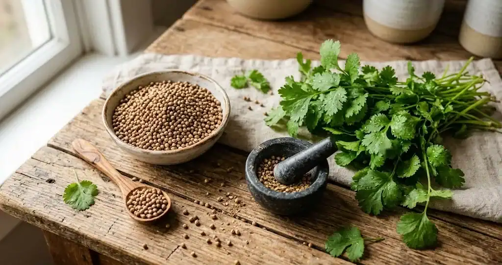 A small bowl of whole coriander seeds beside a fresh bunch of cilantro leaves on a rustic wooden table