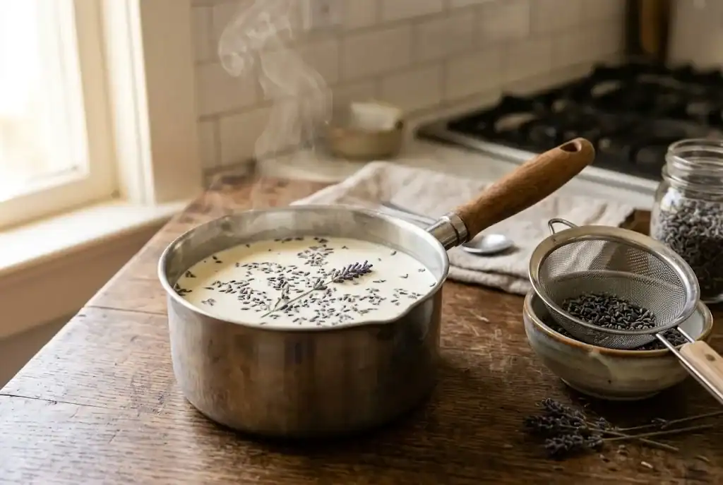 Culinary lavender buds steeping in warm cream beside a fine mesh strainer