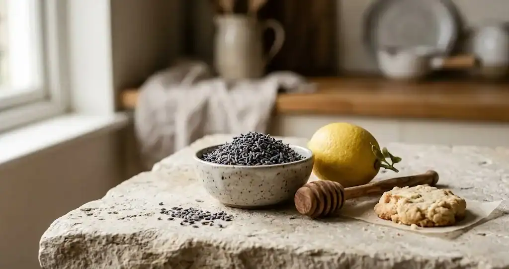 Dried culinary lavender buds with lemon, honey, and shortbread on a pale stone surface