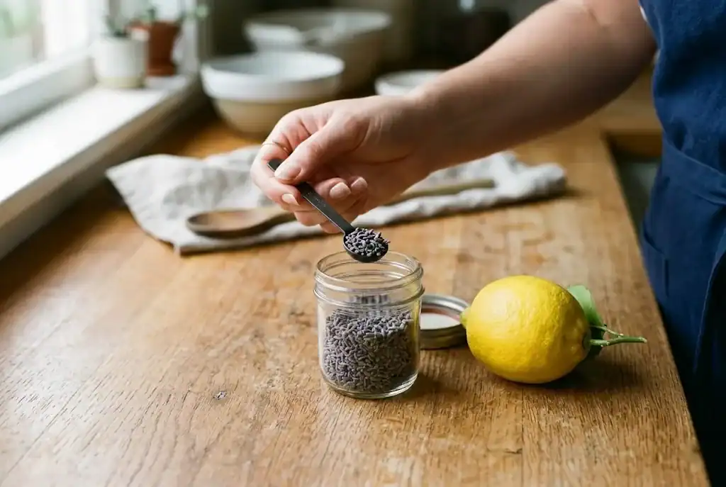 Measuring a small spoonful of dried culinary lavender buds beside a lemon