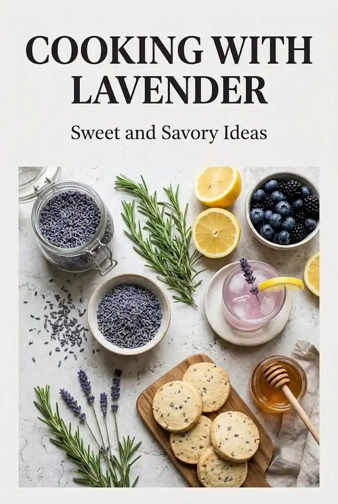 Pinterest graphic showing culinary lavender with lemon, honey, berries, and the title Cooking with Lavender