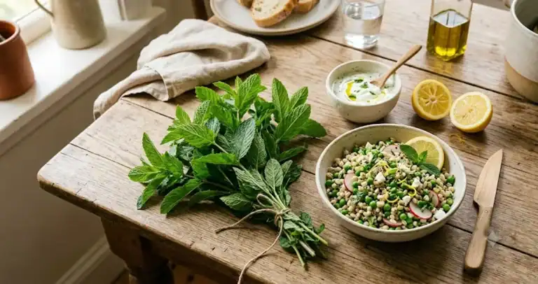 Fresh spearmint leaves beside a lemony pea grain bowl, yogurt sauce, and lemons on a sunlit kitchen table