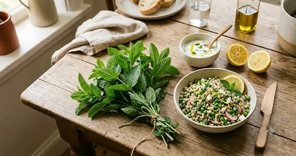 Fresh spearmint leaves beside a lemony pea grain bowl, yogurt sauce, and lemons on a sunlit kitchen table