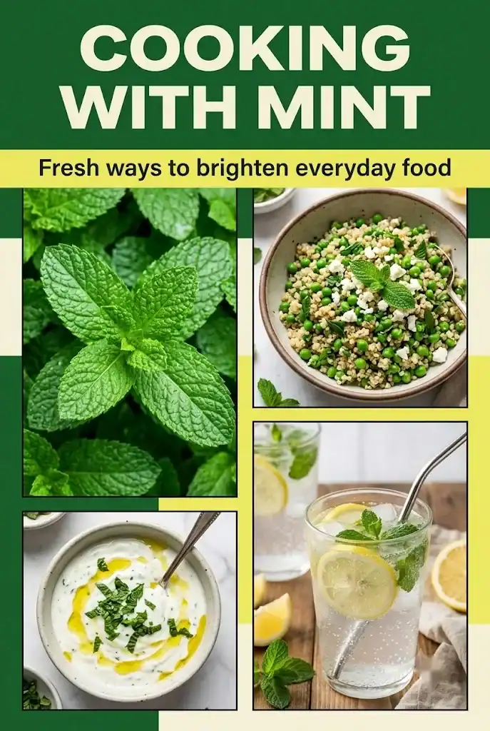 Pinterest graphic showing fresh spearmint, a pea grain bowl, yogurt sauce, and mint lemonade with the text “Cooking With Mint: Fresh Ways to Brighten Everyday Food.”