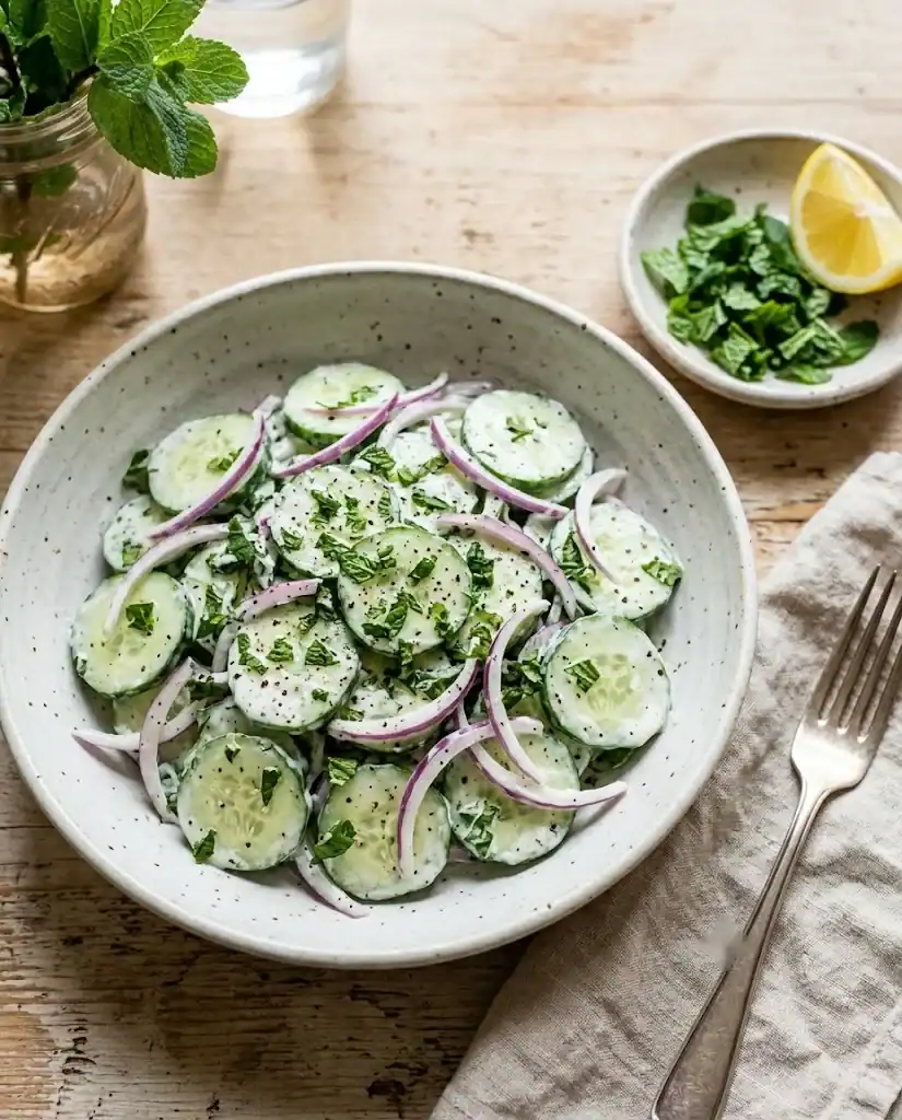 A shallow ceramic bowl of thinly sliced cucumber and red onion in a creamy yogurt dressing, flecked with chopped mint, with a dish of extra mint and a lemon wedge alongside