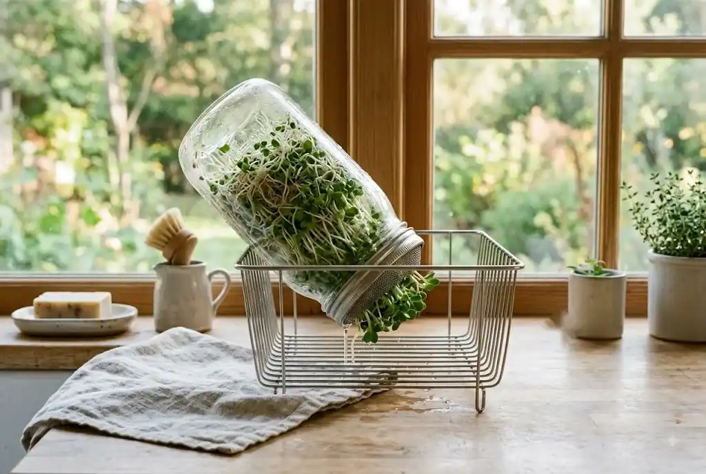 Inverted glass jar of broccoli sprouts draining at an angle beside a window