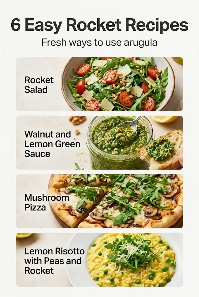 Easy rocket recipes including salad, green sauce, pizza, and risotto