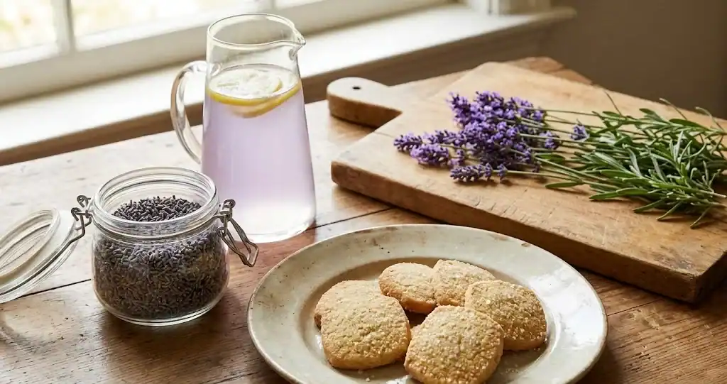 Artisanal kitchen table with dried culinary lavender in a glass jar, golden shortbread cookies, and a glass of fresh lavender lemonade