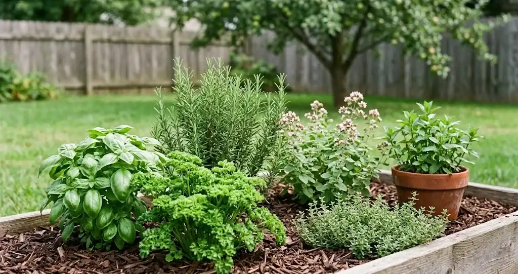 A small suburban herb bed with basil, parsley, rosemary, thyme, mint, and oregano in late summer sun