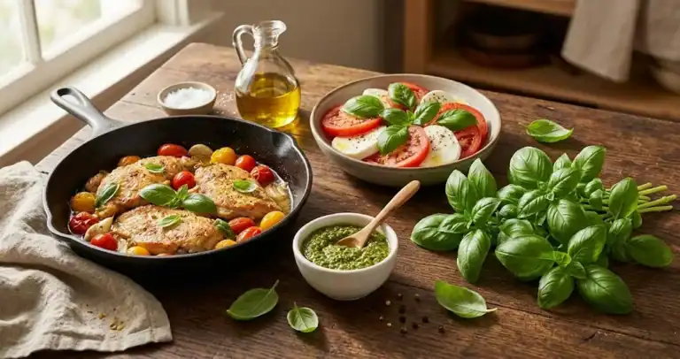 A rustic kitchen table spread featuring skillet basil chicken, fresh Genovese pesto, Caprese salad, and fresh sweet basil sprigs