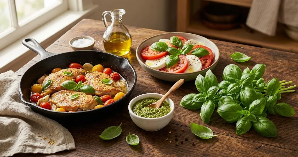 A rustic kitchen table spread featuring skillet basil chicken, fresh Genovese pesto, Caprese salad, and fresh sweet basil sprigs