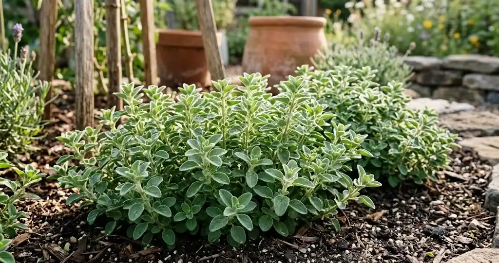 Sweet marjoram plants growing in a sunny garden bed