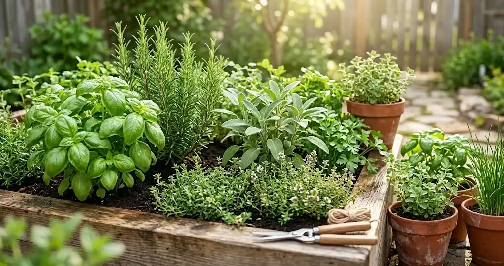 Lush beginner herb garden in raised beds and terracotta pots with basil, rosemary, and sage