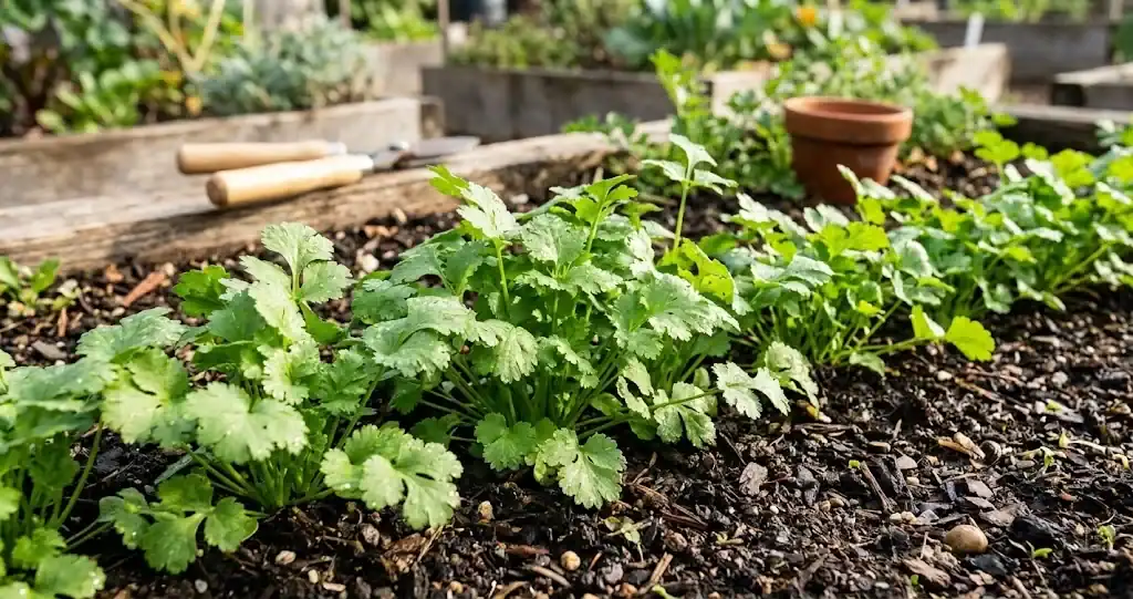 Lush green coriander plants growing in a sunny garden bed