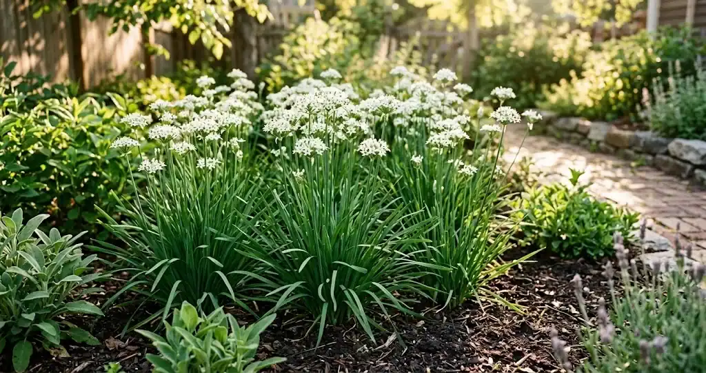 Sunlit garden bed flourishing with blooming garlic chives in rich soil