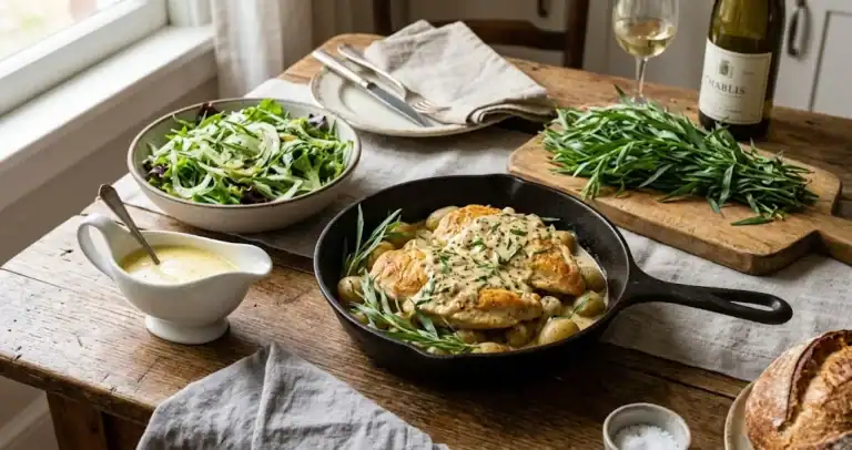 Rustic dining table spread featuring fresh French tarragon recipes including creamy chicken, Bearnaise sauce, and fresh herb sprigs