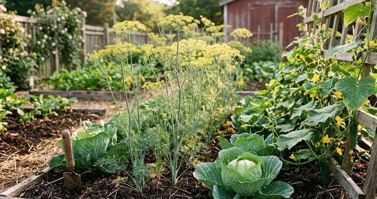 Healthy blooming dill plants growing with companion vegetables in a sunny garden bed
