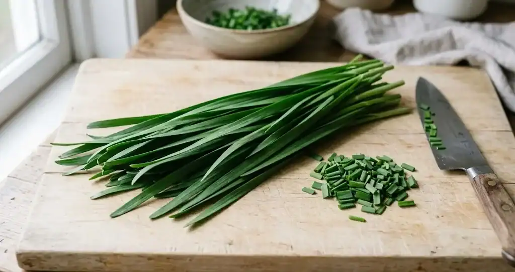 A bunch of fresh garlic chives on a wooden board, showing flat blade-like leaves