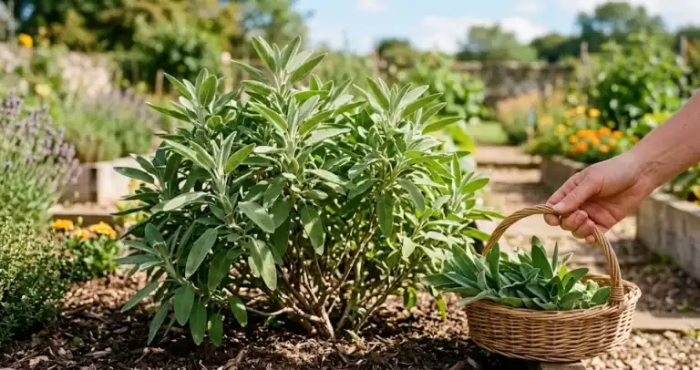 Mature culinary sage plant with freshly cut gray-green sprigs in a sunny kitchen garden
