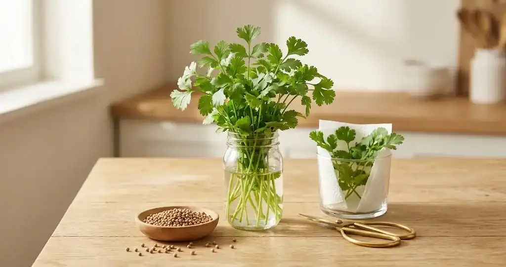 Fresh coriander bouquet in a glass water jar and stored sprigs on a kitchen counter