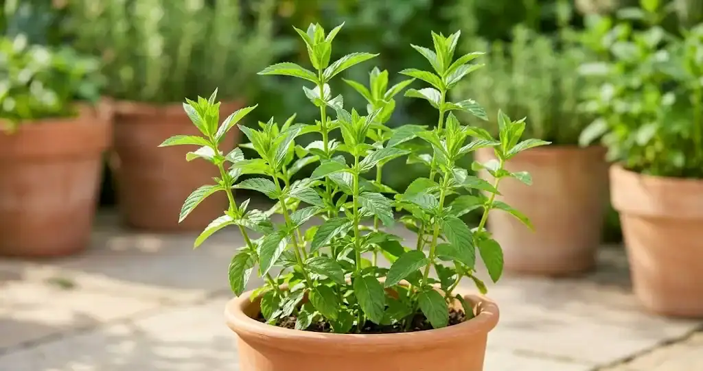 A vibrant spearmint plant growing in a round terracotta container on a sunlit stone patio
