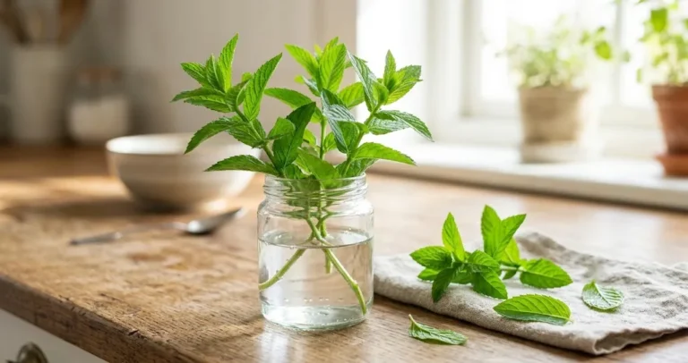 Fresh garden mint stems in a glass jar and loose sprigs on a rustic wooden counter