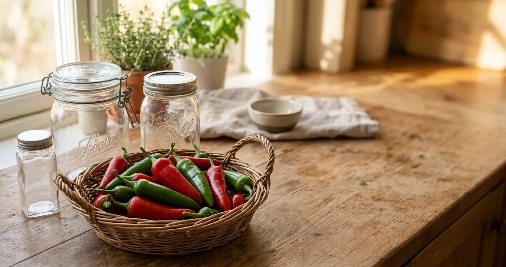 Harvested red and green chilies in a woven basket beside clean storage containers