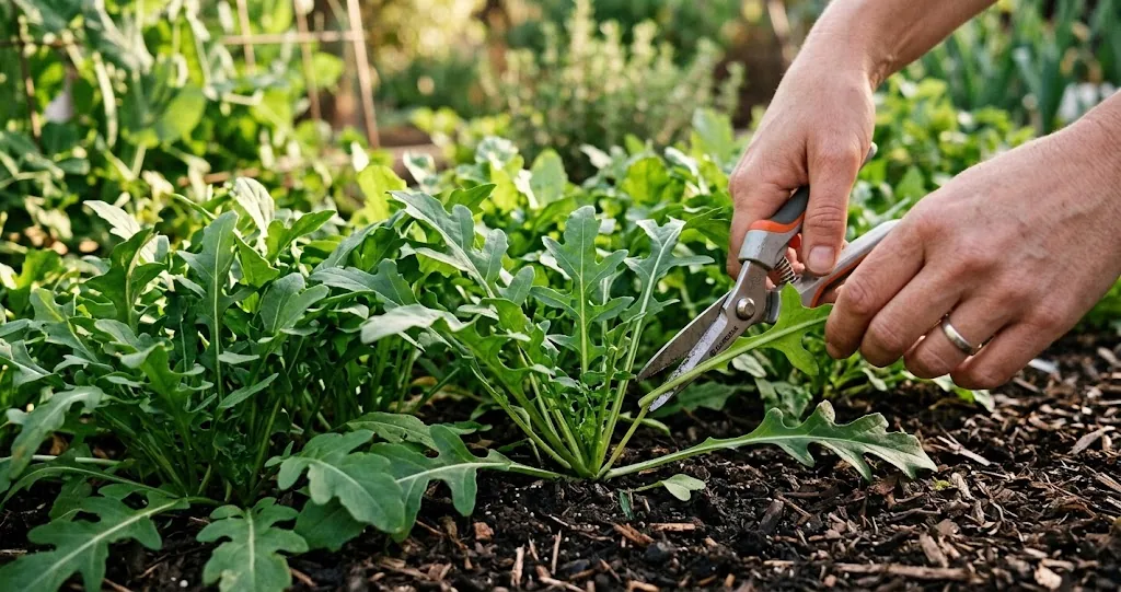A hand using garden snips to cut an outer arugula leaf about an inch above the soil in a garden bed