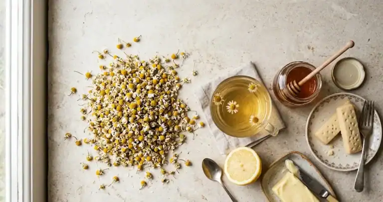 Dried chamomile flower heads scattered beside a glass cup of pale gold chamomile tea, a jar of honey, a lemon, and two shortbread fingers on a light stone counter