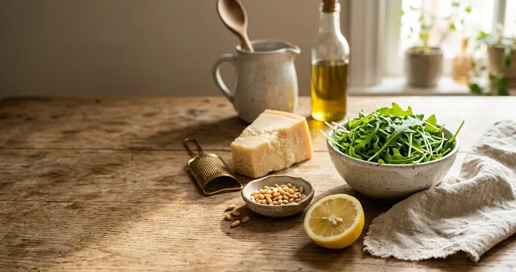 A rustic bowl of baby arugula beside Parmesan, pine nuts, and lemon on a wooden kitchen table