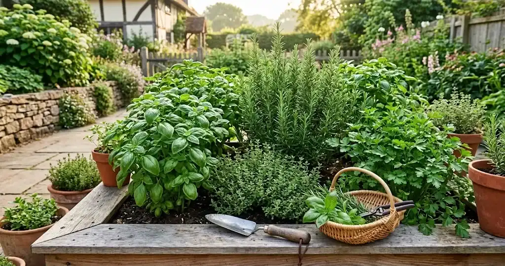 Vibrant home herb garden with basil, rosemary, thyme, and parsley in raised bed and terracotta pots