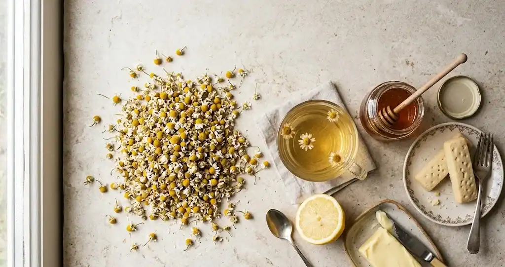Dried chamomile flower heads scattered beside a glass cup of pale gold chamomile tea, a jar of honey, a lemon, and two shortbread fingers on a light stone counter