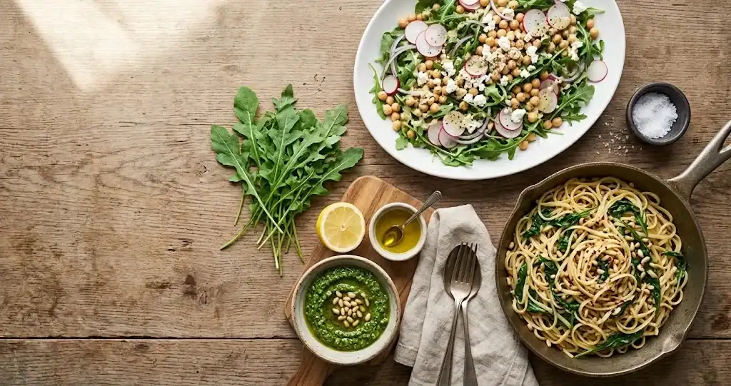An overhead spread of five arugula dishes on a wooden table, including a green salad, a bowl of pesto, and a skillet of pasta