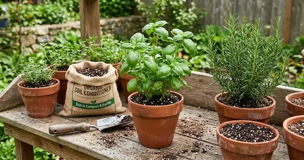 Potting bench with terracotta pots of sweet basil and rosemary next to a burlap bag of organic soil conditioner