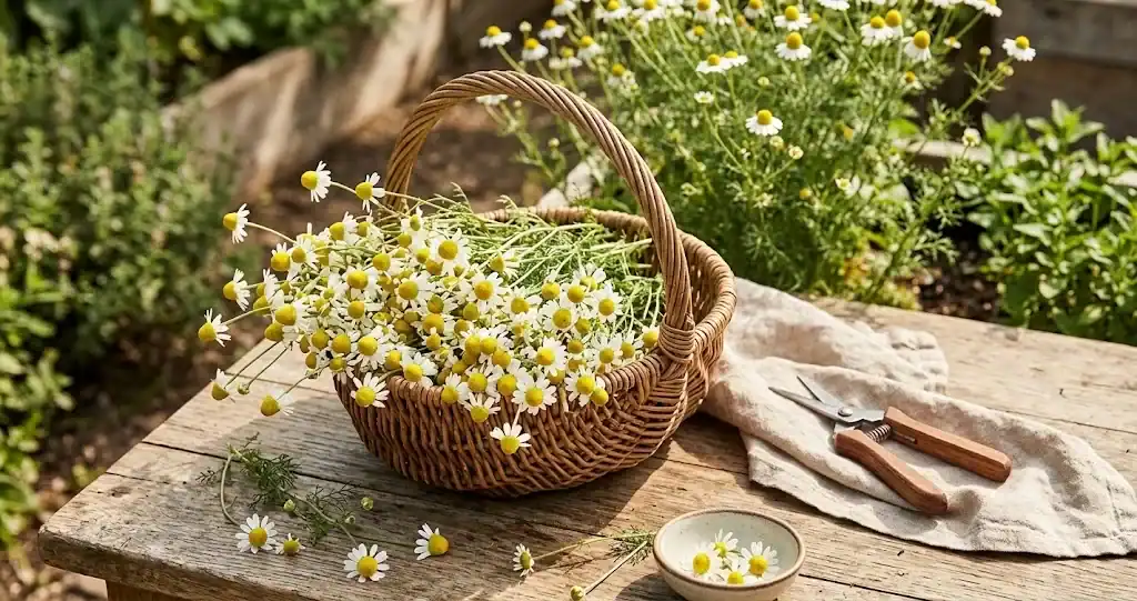 A wicker basket of freshly picked chamomile flowers on a sunlit kitchen counter beside a pair of small pruning snips