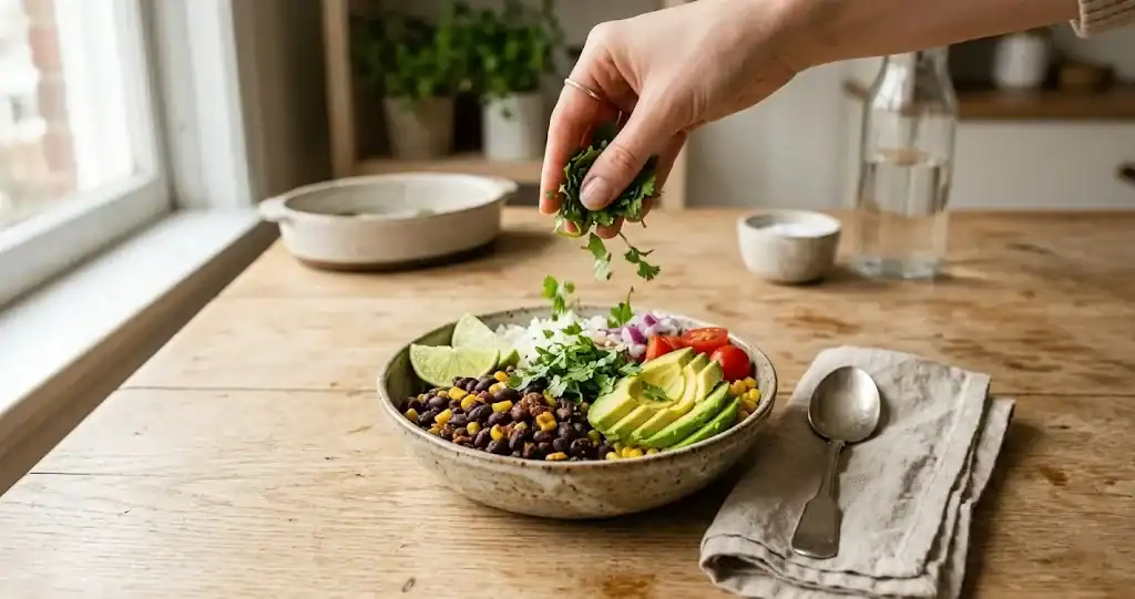 Fresh cilantro scattered over black beans, rice, avocado, and lime wedges