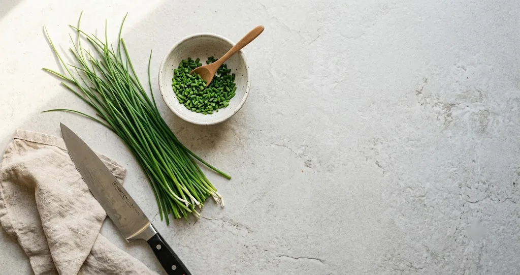 Fresh chives, a chef's knife, and a small bowl of cut chives on a light kitchen counter