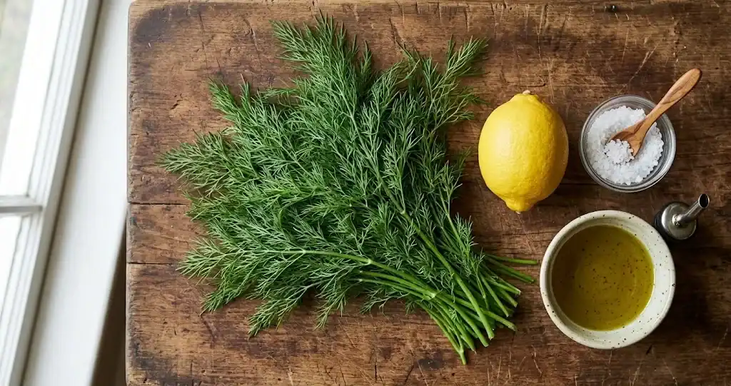 Fresh green dill weed bunch with a lemon and sea salt on a wooden prep surface