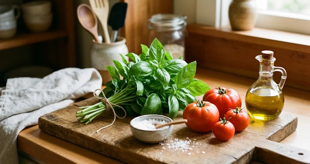 A bunch of fresh sweet basil tied with kitchen twine on a wooden cutting board, with three ripe red tomatoes, a small bowl of sea salt, and a glass cruet of olive oil