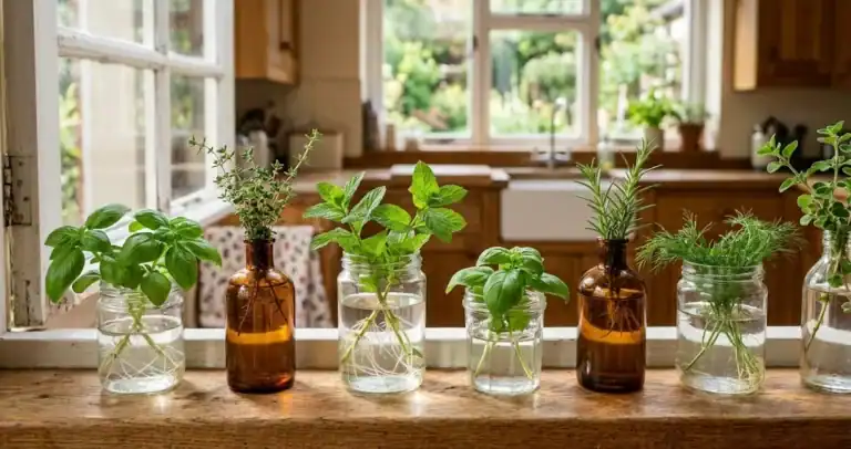 A row of glass jars with rooting culinary herbs on a sunny kitchen windowsill