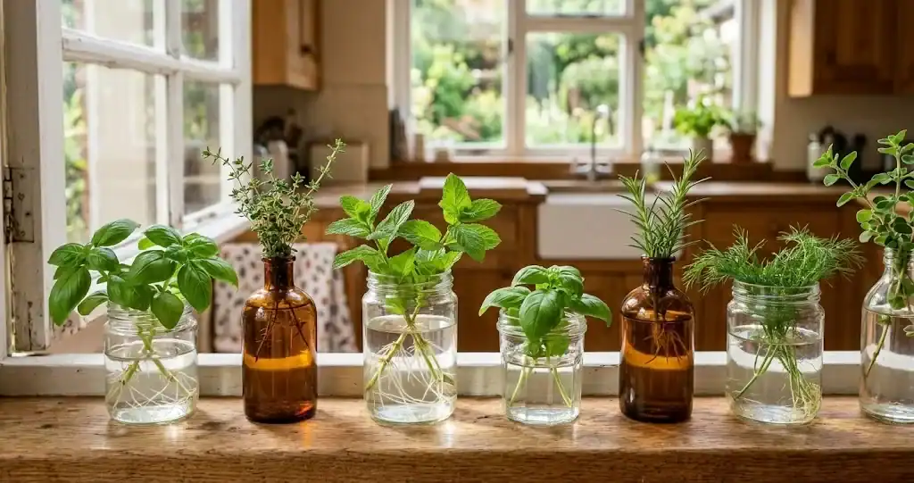 A row of glass jars with rooting culinary herbs on a sunny kitchen windowsill